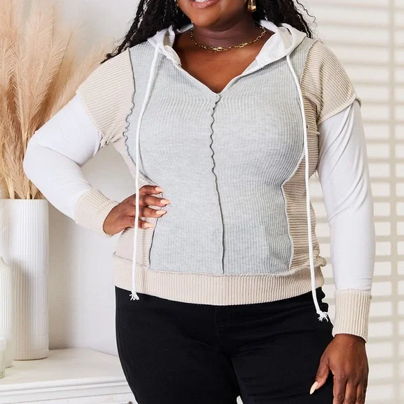 NEW**-Double Take Color Block Exposed Seam Drawstring Hoodie OFFERS WELCOME - Picture 3 of 9
